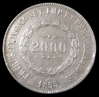 1855 Silver Brazil 2000 Reis Coin About Uncirculated Please Read
