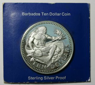 1976 Barbados - 10 Dollars - Neptune With Whale - 1.  13 Oz Proof Silver W/