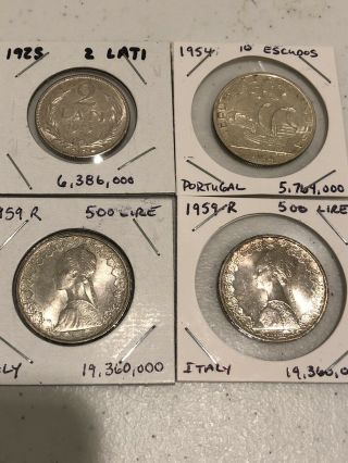 Portugal 10 Escudos 1954,  1925 2 Lati,  (2) 1959r 500 Lire Higher Grade Silver
