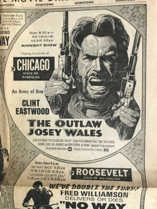 Outlaw Josey Wales Clint Eastwood Chicago Sun - Times Newspaper 1976 Ad -