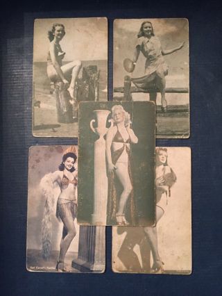5 Vintage Exhibit Supply Co Arcade Cards Risque Girlie Pin - Up Models Sepia Tone