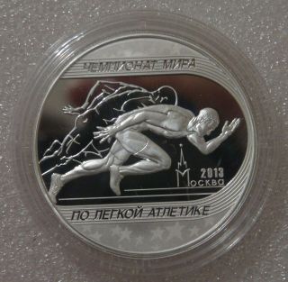 Russia 3 Rubles 2013 Iaaf World Championships In Athletics,  Moscow.  Silver Proof