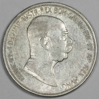 Austria Hungary 1909 5 Corona Franz Joseph I 24 Gram Silver Coin Xf,  Km 2813