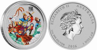 Australia 2016 1$ Lunar Year Of The Monkey King Coloured 1 Oz Silver Coin