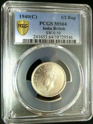 Pcgs Ms64 Gold Shield - India/british 1940 (c) George Vi Silver 1/2 Rupee Choice Bu