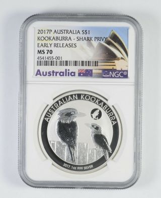 Ms70 2017 - P Australia $1.  00 - 1 Oz.  Silver Kookaburra Shark Privy Er - Ngc 316