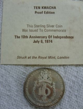 Two 1974 Malawi Ten Kwacha Proof Silver Coins,  10th Anniv Of Independence