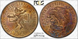1968 - Mo Silver Mexico Olympiada 25 Peso Pcgs Gorgeous Orange Toned Gem