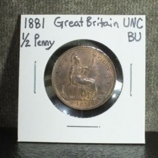 1881 Great Britian 1/2 Half Penny Victoria Unc Bu Luster C16