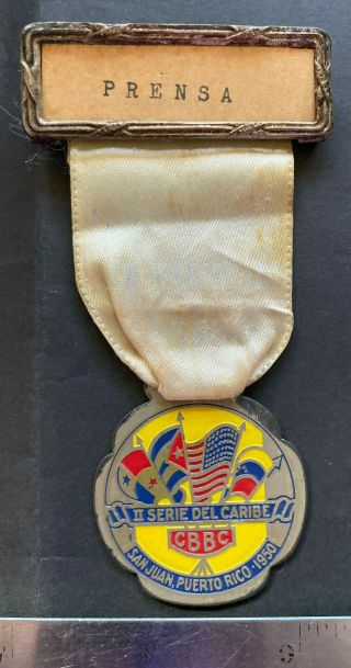 Puerto Rico 1950 Medalla Placa Prensa 2da Serie Del Caribe Beisbol Metal Blanco