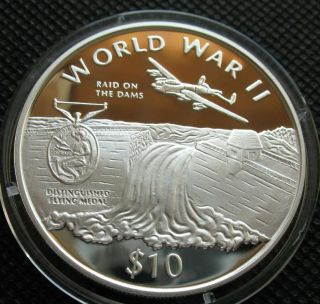 Liberia 10 Dollars 1997 Silver Proof 1oz Coin Wwii Series,  Raid On The Dams