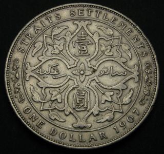 Straits Settlements 1 Dollar 1907 H - Silver - Edward Vii - F/vf - 2268