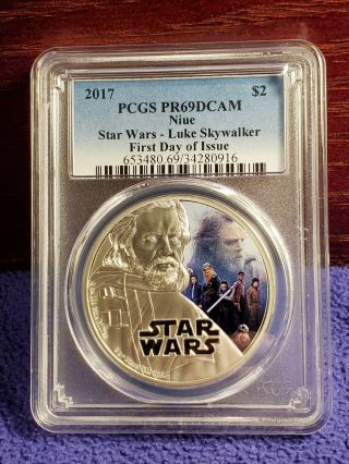 2017 Niue $2 Star Wars Luke Skywalker 1 Ounce.  999 Silver Pcgs Pr69 Dcam 1st Day