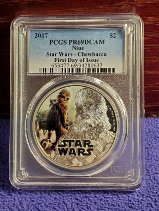 2017 Niue $2 Star Wars Chewbacca Colorized 1 Ounce.  999 Silver Pcgs Pr69 Dcam