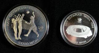 Korea 1988 Seoul Olympics 5000 & 10000 Won Sterling Silver In Case