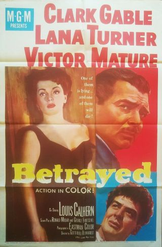 Betrayed (1954) Clark Gable Lana Turner Orig 27x41 1 - Sheet Poster
