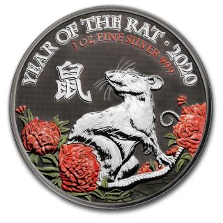 Great Britain 2020 2 Gbp " Year Of The Rat " 1 Oz Silver Coin Varnish Effect