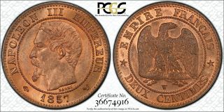 France 2 Centimes Napoleon Iii 1857w Pcgs Ms64rb - & Bright