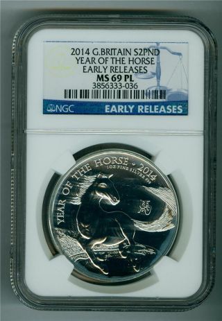 Great Britain 2014 2 Pounds Year Of The Horse 1 Oz.  999 Silver Ngc Ms - 69 Pl