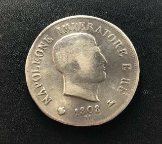 Italy (kingdom Of Napoleon) 1808m 5 Lire Silver Coin: Napoleon I