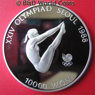 1987 Korea South 10000 Won 1oz Silver Proof Diving Dive 1988 Seoul Olympics 40mm