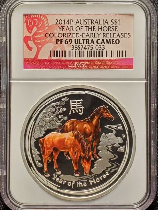 2014 - P Australian Lunar Year Of The Horse - 1 Oz Silver $1 - Ngc Pf 69 Ultra Cam