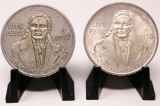 Set Of 2 Bu Mexican Silver 100 Pesos 1977 1978 Silver Cien Pesos