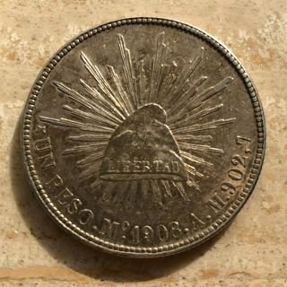 1908 Mo - Am Mexico Silver Un Peso Cap And Rays.  903 Fine Silver Scarce