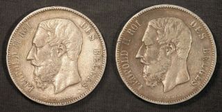 1869 & 1870 Belgium Silver 5 Francs (. 900 Silver) Leopold Ii - Usa