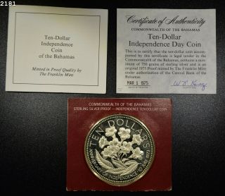1975 Bahamas " Silver " $10 Dollar Independence Coin W/box And " Bu "