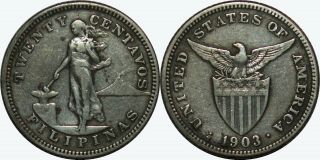 1903 - S Us - Philippines 20 Centavos Vf Allen 10.  02 Key Date Silver Mx19