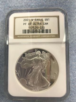 Ae Coin - 2001 W Eagle S$1 Pf 69 Ultra Cam - 1oz Fine Silver One Dollar