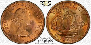 2nd Highest Graded Worldwide 1963 Great Britain Half Penny Pcgs Ms64rb Toned