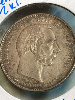 (rare) 1888 Denmark 2 Kroner In Unc.  World Silver