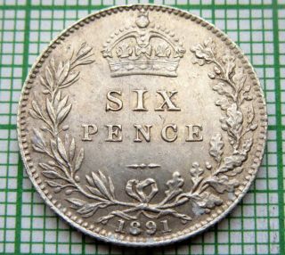 Great Britain Queen Victoria 1891 6 Pence Sixpence,  Silver Aunc