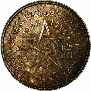 [ 851118] Coin,  Morocco,  Mohammed V,  500 Francs,  1956,  Paris,  MS (60 - 62),  Silver 2