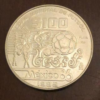 1985 Mexico $100 Pesos 1986 World Soccer Cup Silver Coin Brilliant Uncirculated
