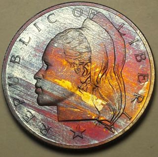 1972 Liberia Fifty 50 Cents Proof Unc Gorgeous Bright Multi Color Toned Bu (ss)