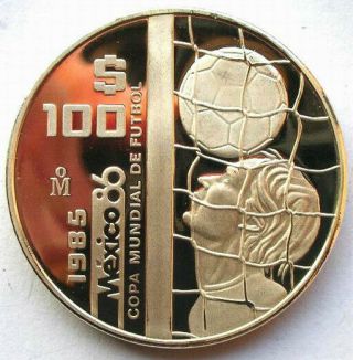 Mexico 1985 World Cup 100 Pesos 1oz Silver Coin,  Proof