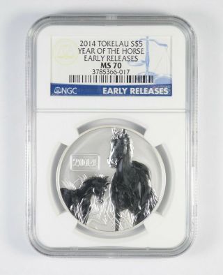 Ms70 2014 Tokelau $5.  00 - 1 Oz.  Silver Year Of The Horse - Er - Graded Ngc 311