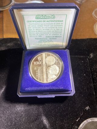 1986 Mexico 100 Pesos.  925 Silver Proof Copa Mundial Futbol