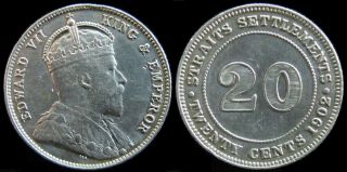 15: 1902 Straits Settlements Malaya Singapore Kevii 20 Cents Silver Coin Vf,  /xf