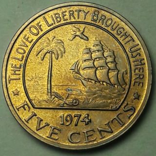 1974 Liberia Five 5 Cents Proof Unc Bright Golden Color Toned Bu (ss)