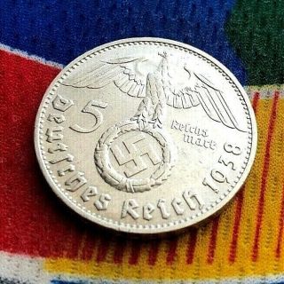 1938 D Ww2 German 5 Mark Silver Coin Third Reich Swastika Reichsmark Error