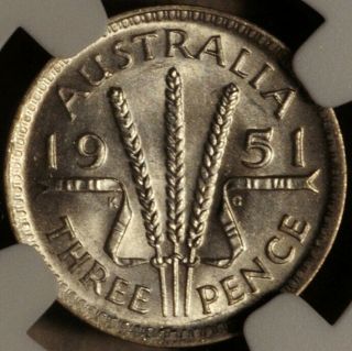 Ngc Ms - 63 Australia Silver 3 Pence Threepence 1951 (m) Key Date