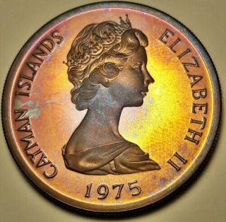 1975 Cayman Islands Silver Five Dollar Bu Unc Color Toned Coin