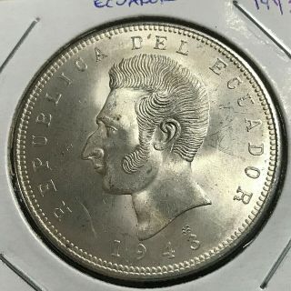 1943 Ecuador Silver 5 Sucres Brilliant Uncirculated Crown Coin