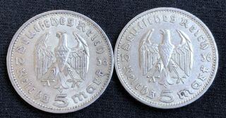 1936 A D 5 Reichsmark German Silver Coins