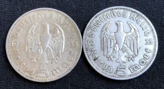 1935 D 5 Reichsmark German Silver Coin 2 Coins
