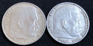 1935 D 5 Reichsmark German Silver Coin 2 Coins 2